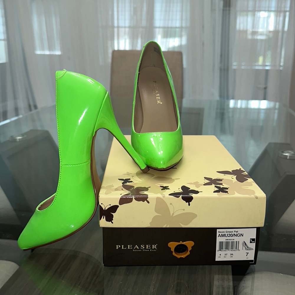 Pleaser neon green patent stiletto heel pump AMUSE us size 7
